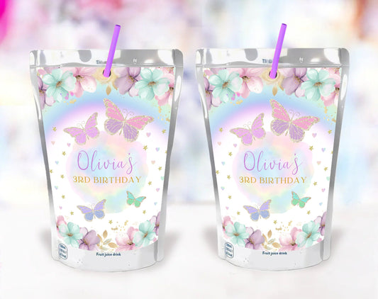 floral, pink and pink butterfly juice pouch label template for a personalized birthday