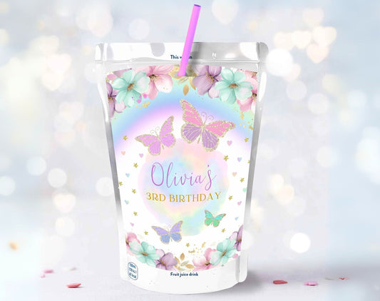 Butterfly Birthday Juice Pouch Label for birthday party decor and supplies