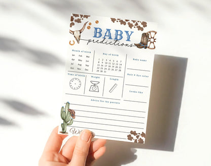 Editable details of cowboy baby shower baby predictions and advice card