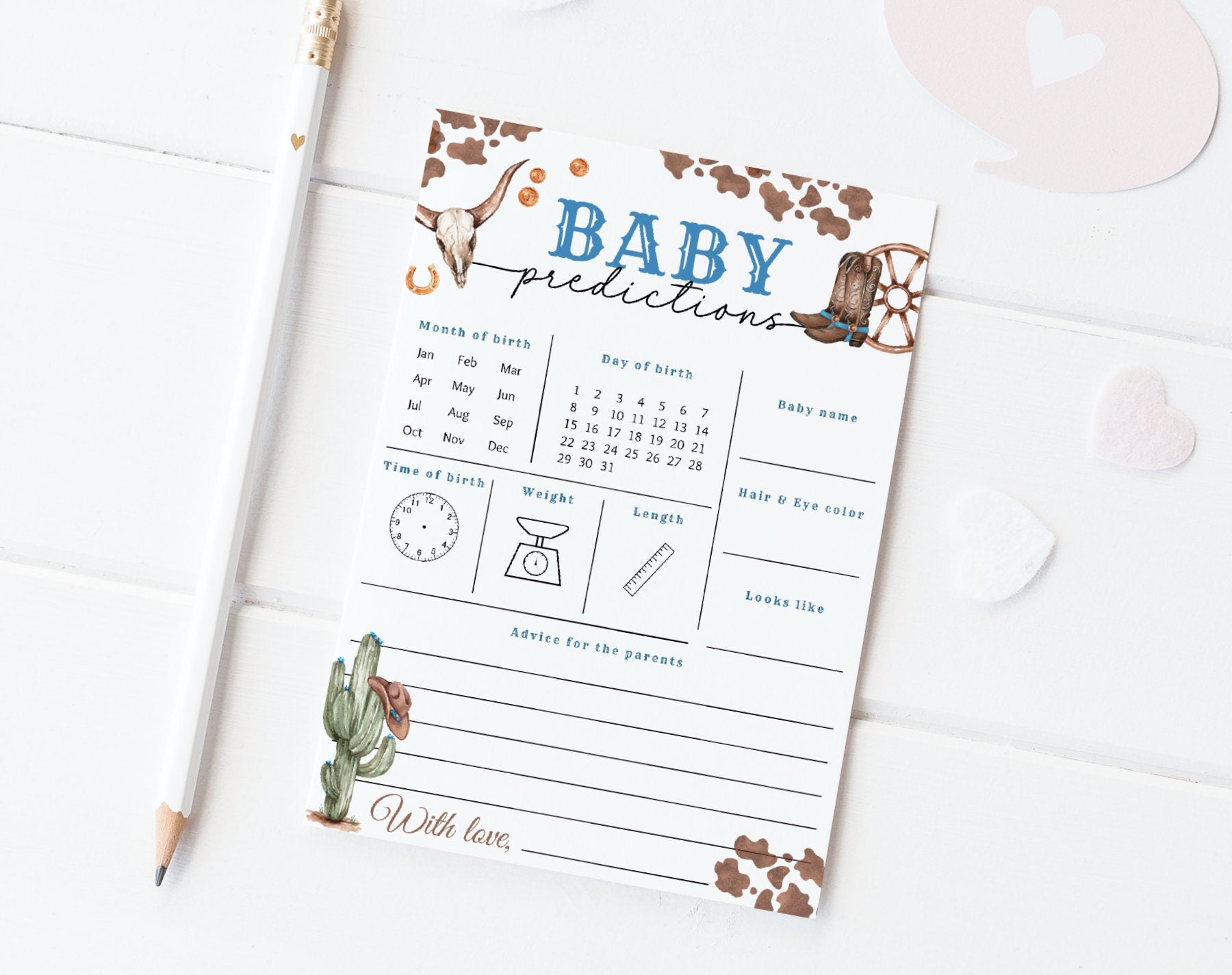 Preview of cowboy baby shower baby predictions and advice card