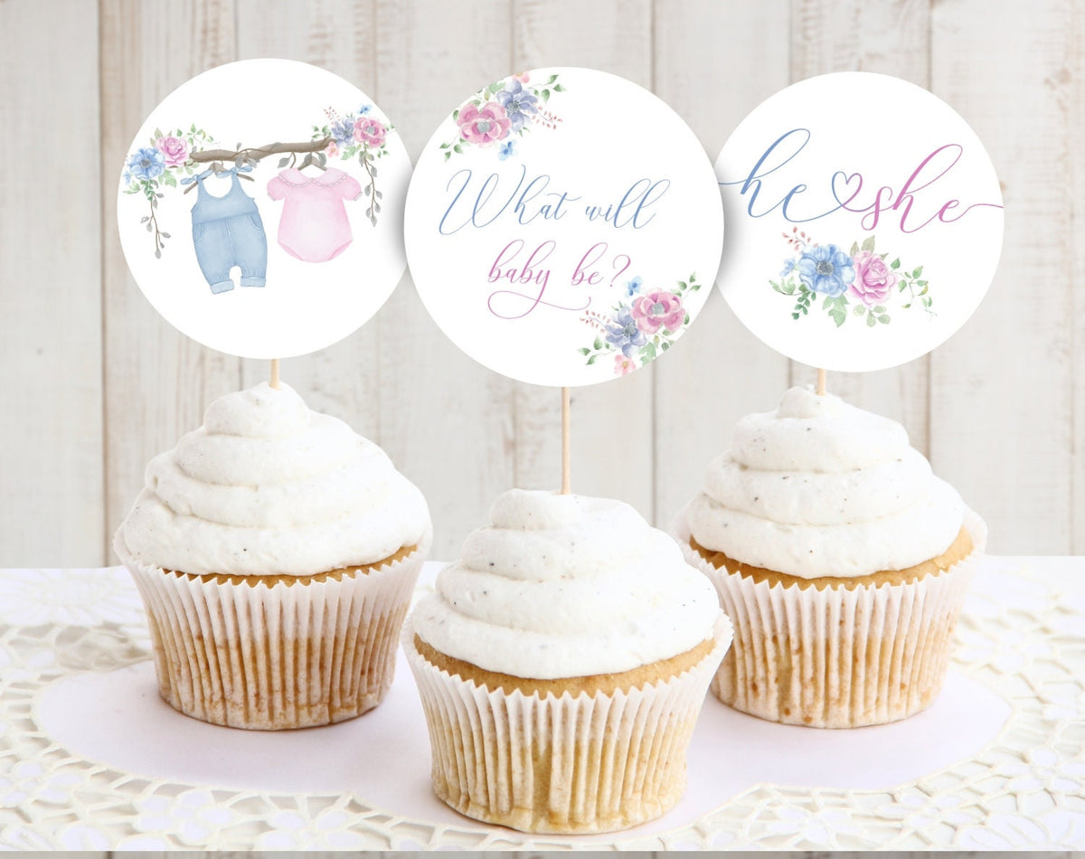 Ready-to-print details of ready-to-print boho gender reveal cupcake toppers