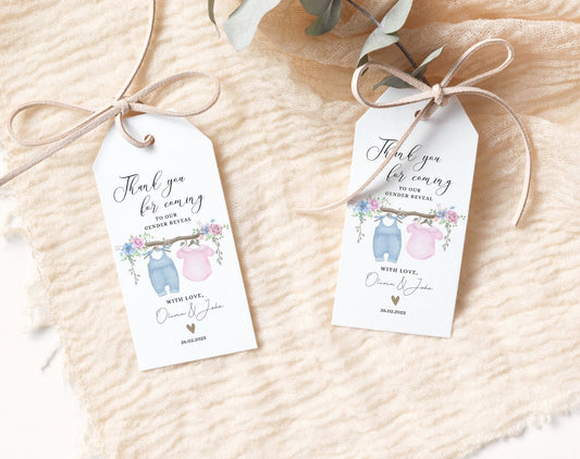 floral, boho, blue and pink gender reveal favor tag template for printable party favors
