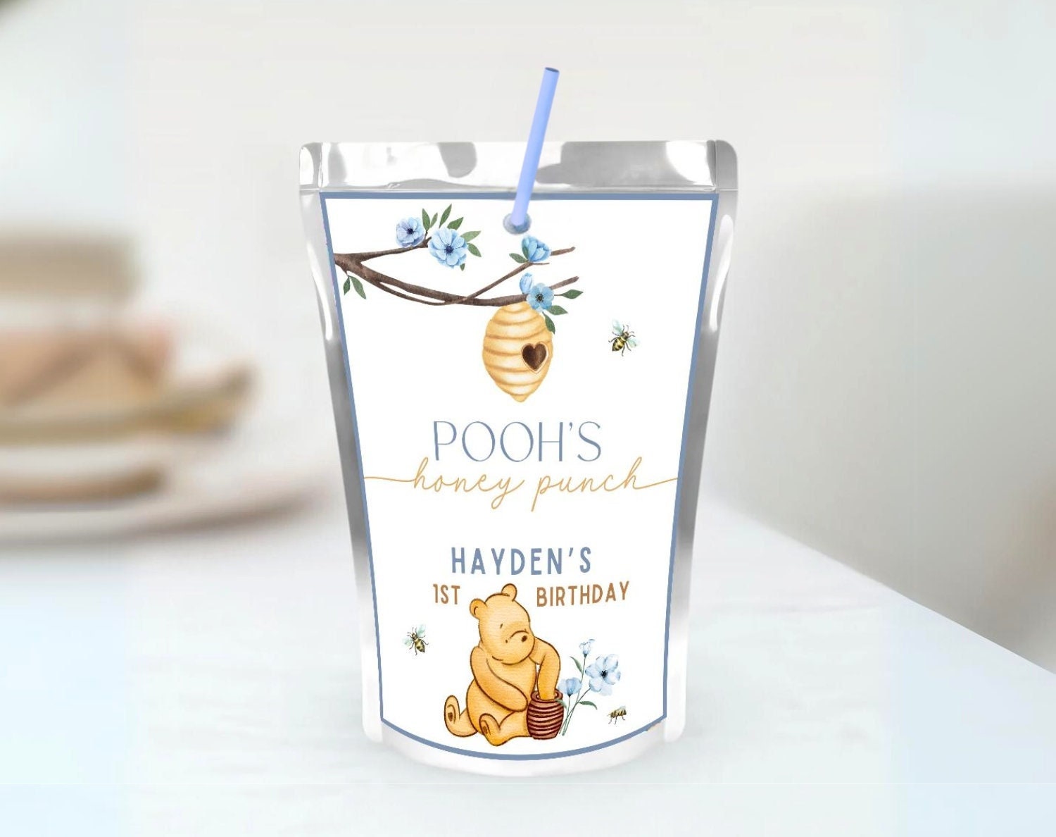 Winnie the Pooh Birthday Boy Juice Pouch Label for birthday boy party decor and supplies