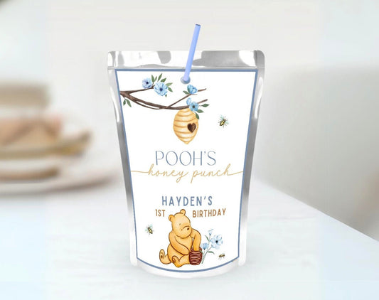 Winnie the Pooh Birthday Boy Juice Pouch Label for birthday boy party decor and supplies