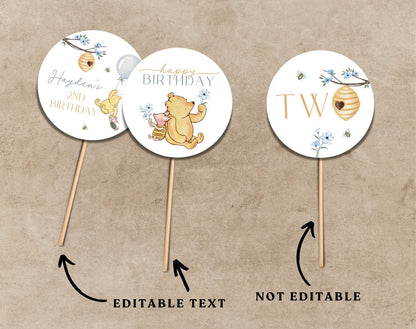 Winnie the Pooh 2nd birthday cupcake toppers editable Canva template