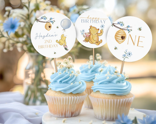 Winnie the Pooh 2nd birthday cupcake toppers printable design preview