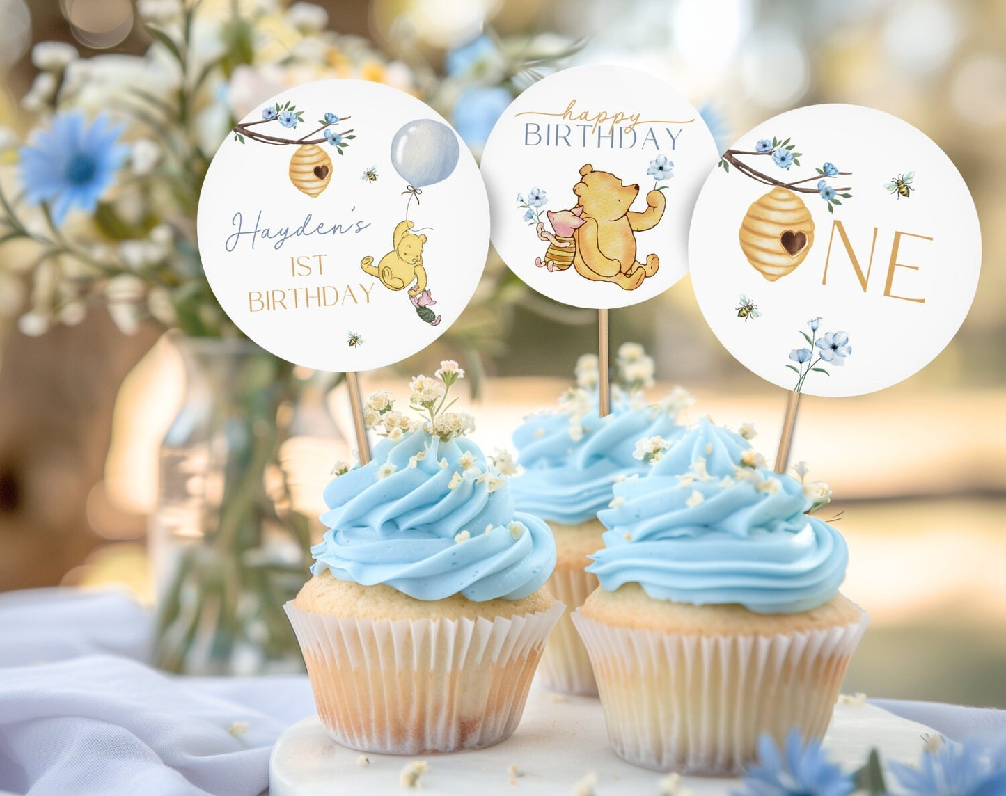 floral 1st birthday boy cupcake topper template for printable decor