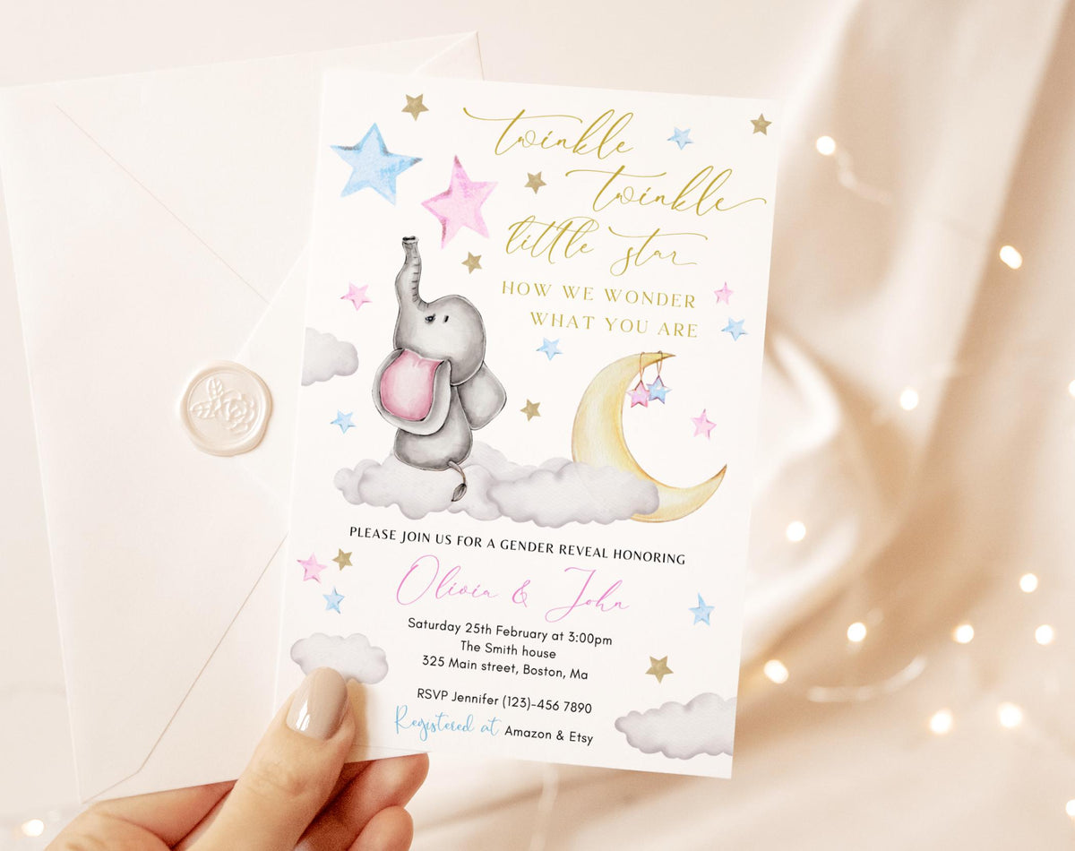 Editable details of twinkle twinkle little star gender reveal invitation with baby elephant and pink blue stars
