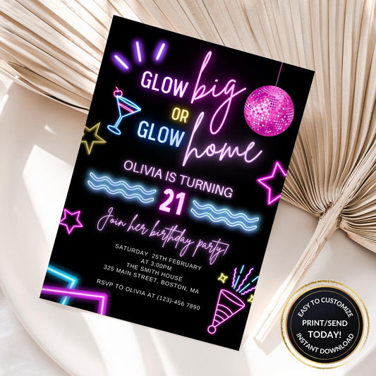 Neon blacklight 21st birthday invitation for her