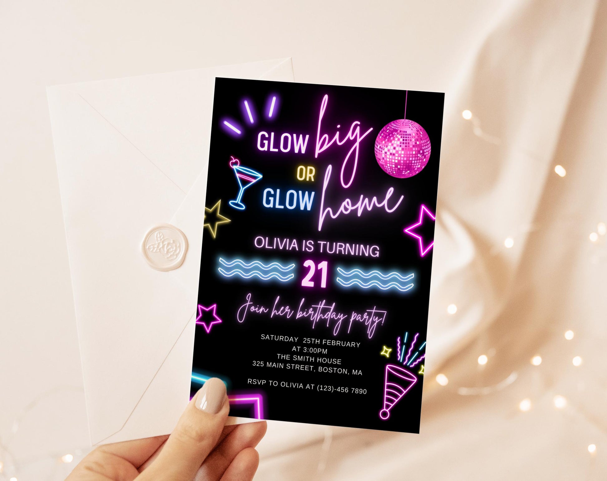 Preview of neon blacklight 21st birthday invitation for her