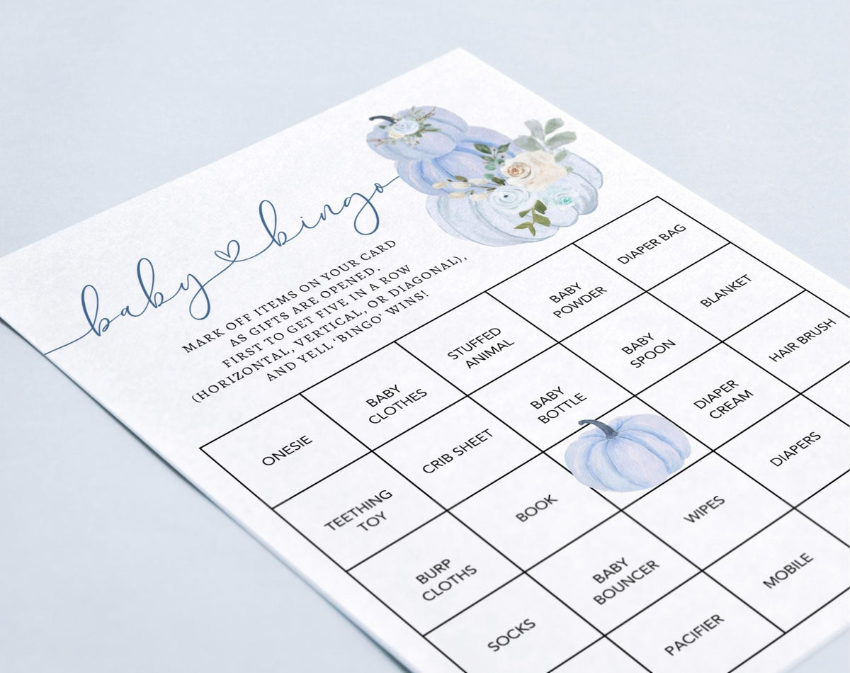 Blue Little Pumpkin Baby Bingo Game, editable Canva template