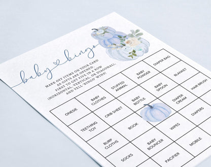 Blue Little Pumpkin Baby Bingo Game, editable Canva template