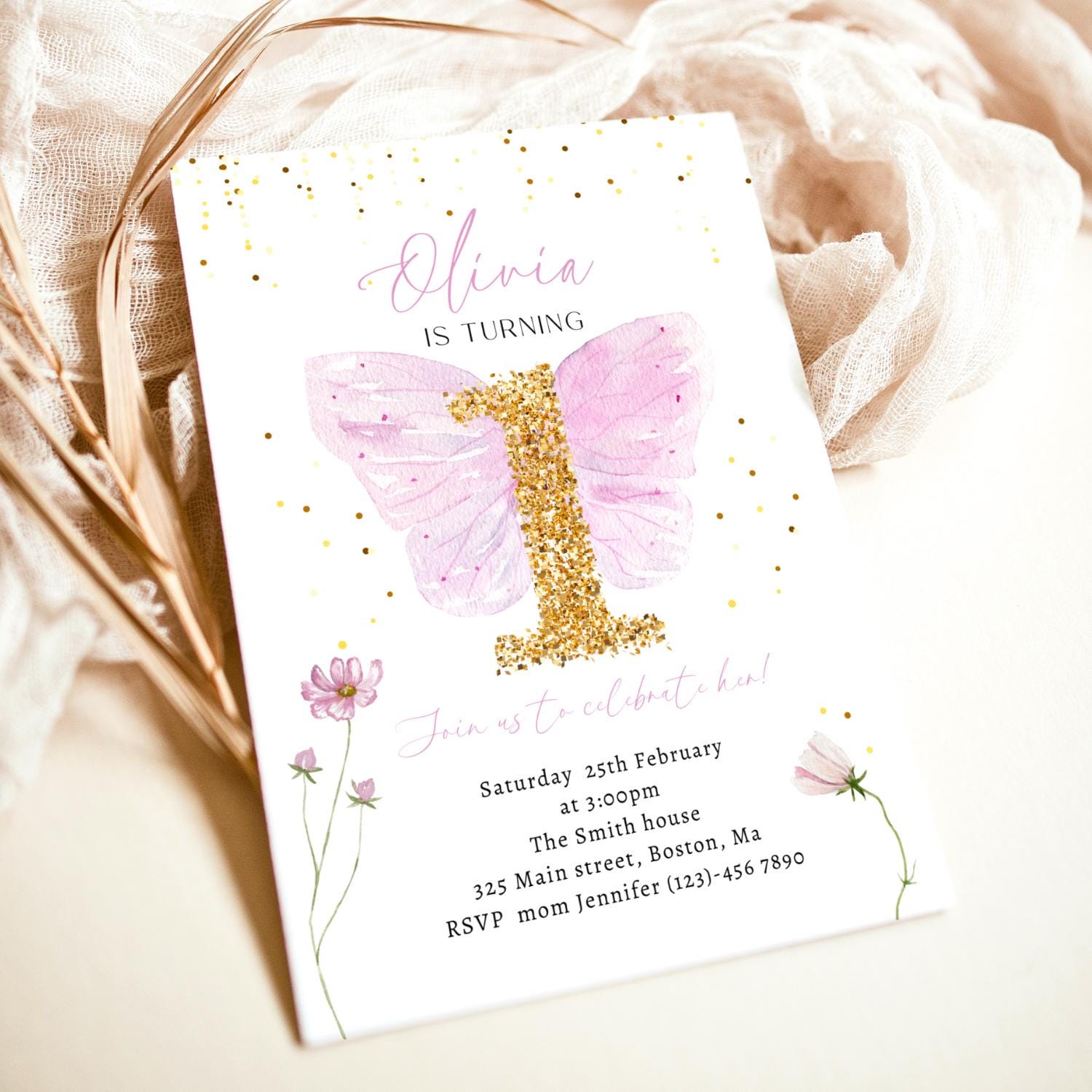 1st birthday, butterfly, floral and pink 1st birthday invite for a personalized celebration