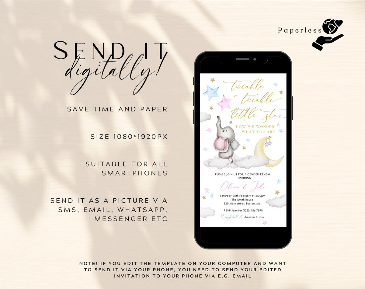 Twinkle Twinkle Little Star gender reveal invitation with baby elephant and pink blue stars