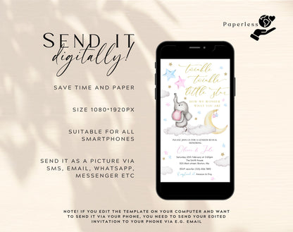 Twinkle Twinkle Little Star gender reveal invitation with baby elephant and pink blue stars