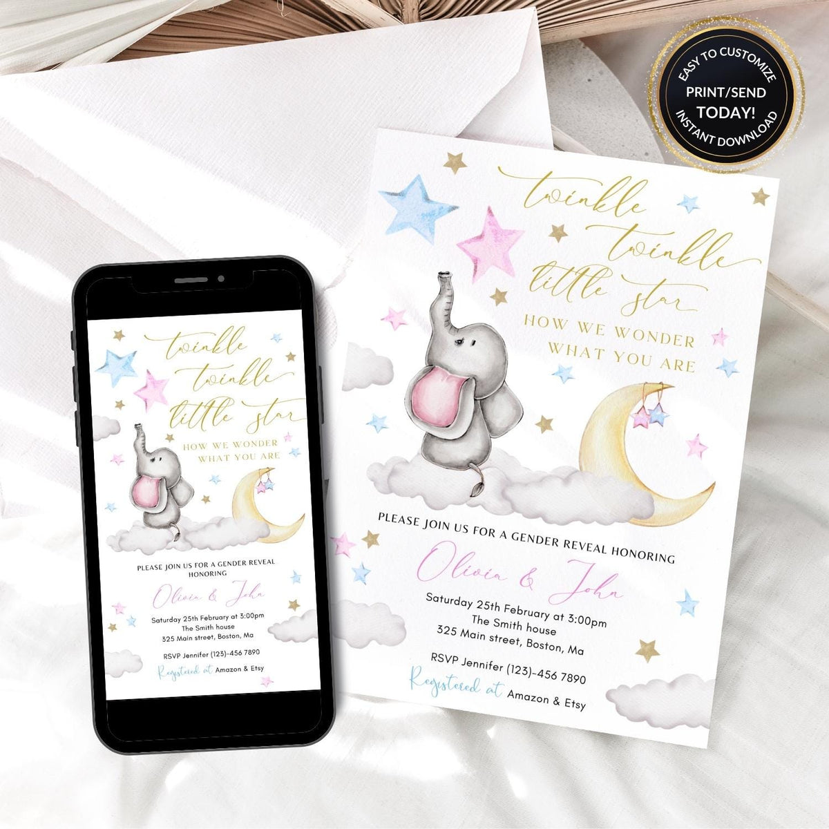 Twinkle Twinkle Little Star gender reveal invitation with baby elephant and pink blue stars