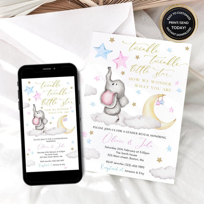 Twinkle Twinkle Little Star gender reveal invitation with baby elephant and pink blue stars