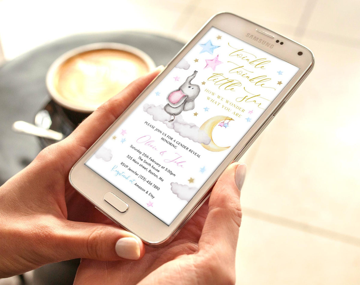 Preview of twinkle twinkle little star gender reveal invitation with baby elephant and pink blue stars