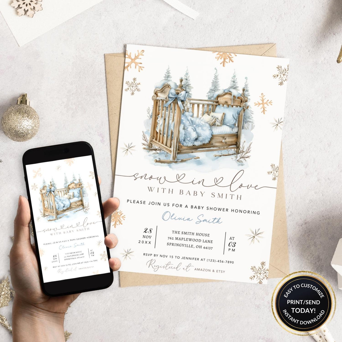 Snow in Love winter baby shower invitation
