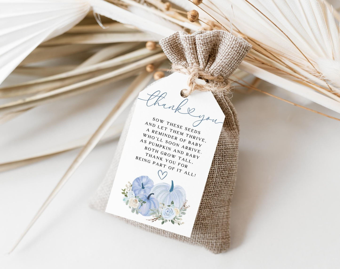 Preview of little pumpkin blue floral baby shower seed favor tag