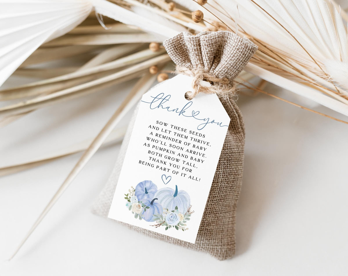 Preview of little pumpkin blue floral baby shower seed favor tag