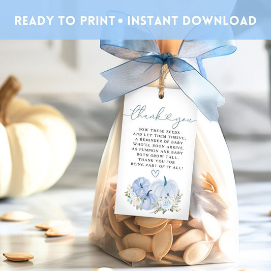 Little Pumpkin blue floral baby shower seed favor tag