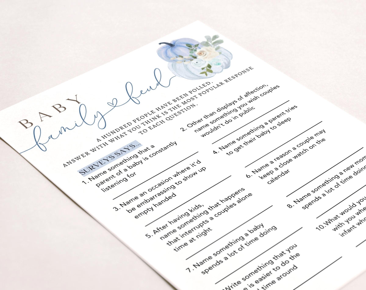 Blue Little Pumpkin Baby Family Feud Game, editable Canva template