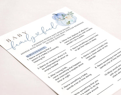 Blue Little Pumpkin Baby Family Feud Game, editable Canva template