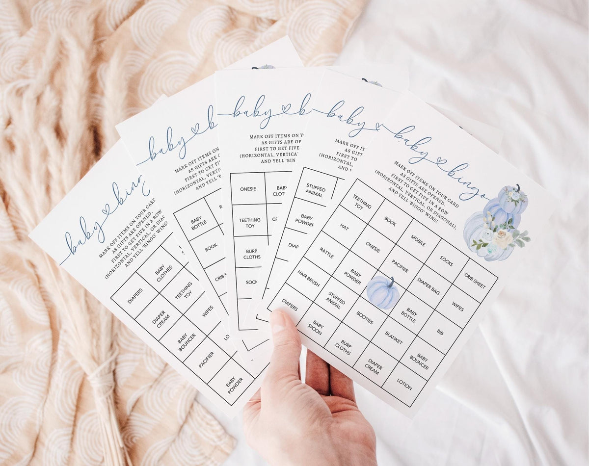 Blue Little Pumpkin Baby Bingo Game, editable Canva template