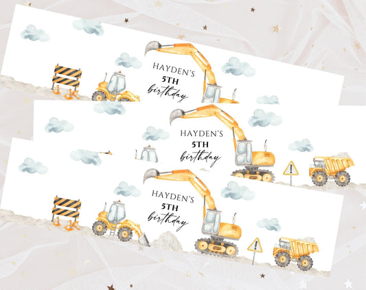 excavator and boho water bottle label template for a personalized birthday boy