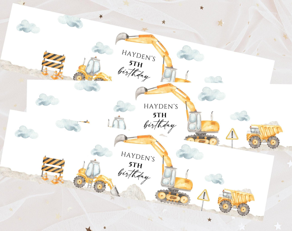 excavator and boho water bottle label template for a personalized birthday boy