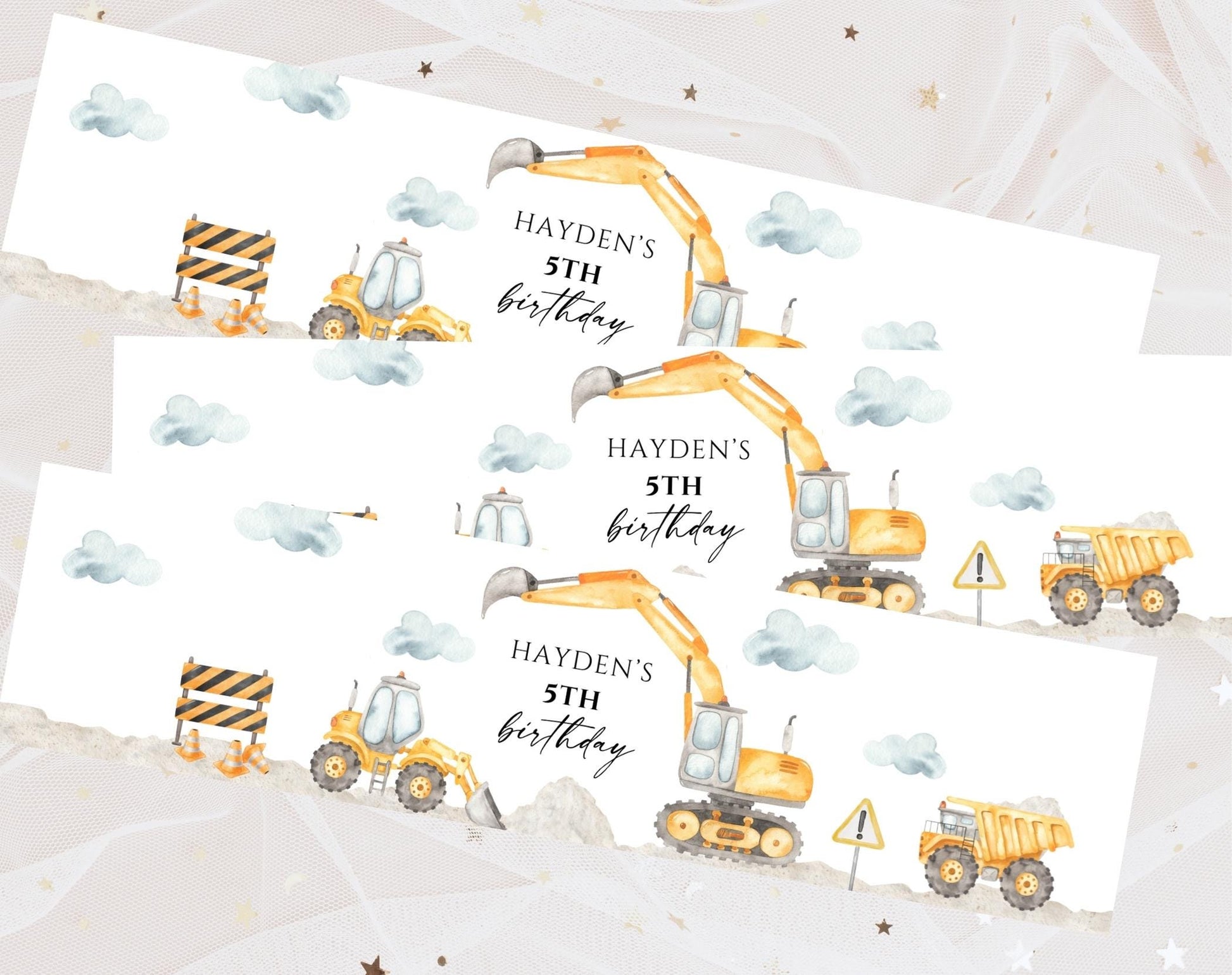 excavator and boho water bottle label template for a personalized birthday boy