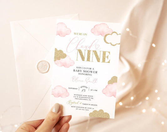 pink, boho and gold baby shower invite for a personalized celebration