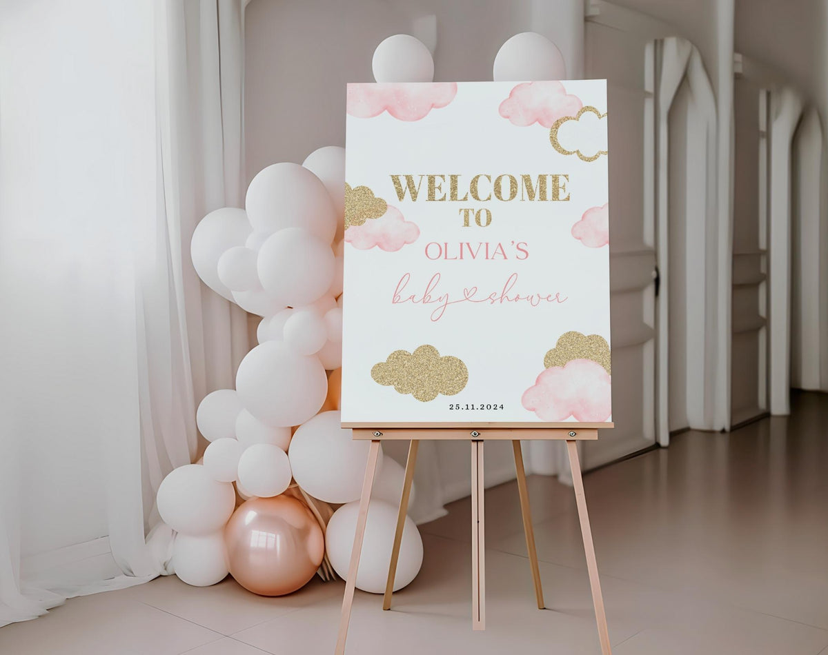 pink and gold baby shower welcome sign printable for a themed celebration