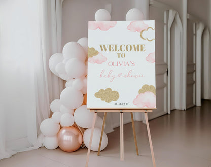 pink and gold baby shower welcome sign printable for a themed celebration