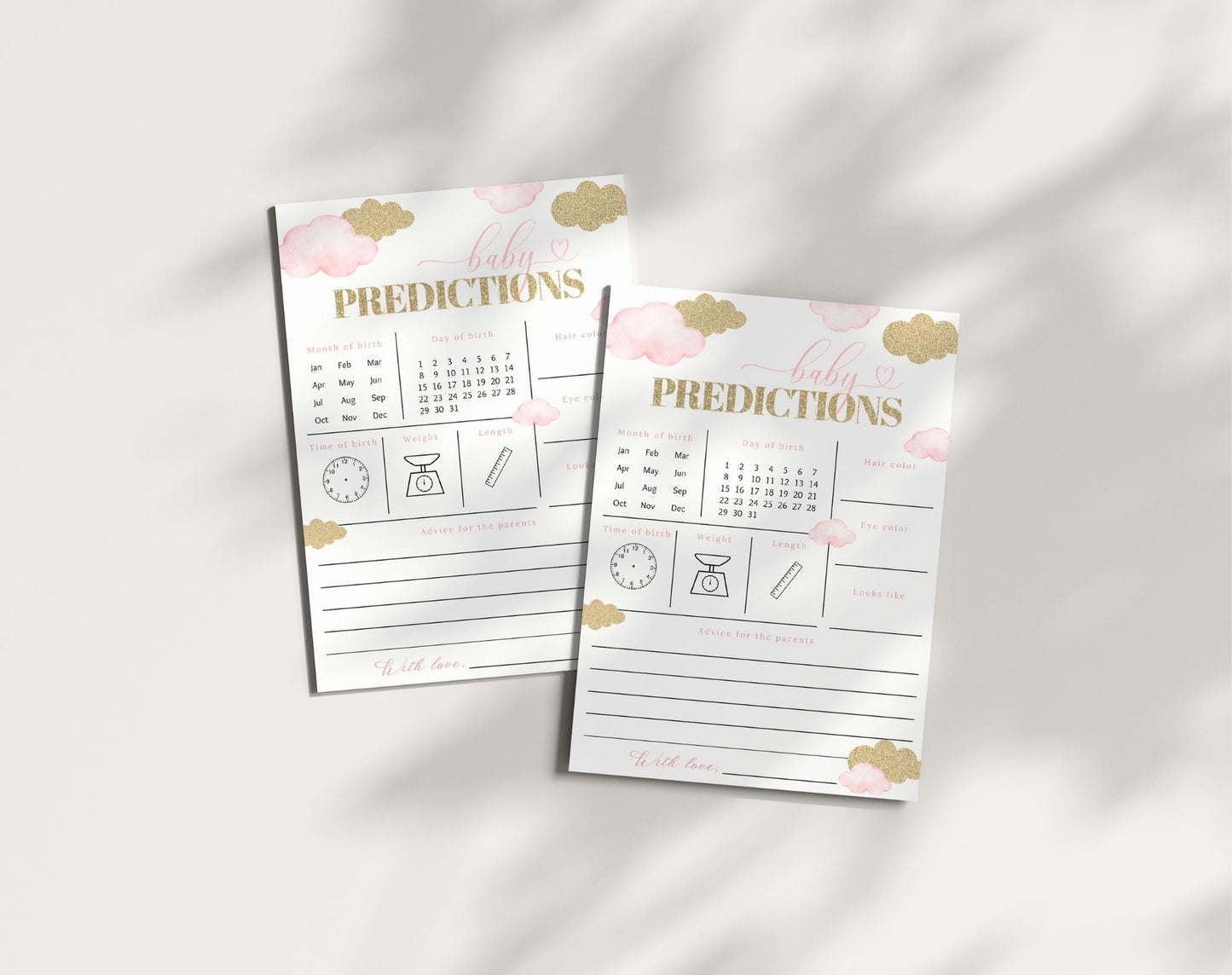pink and gold baby predictions card template for a personalized baby shower