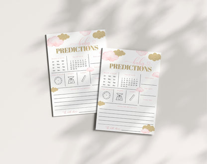 pink and gold baby predictions card template for a personalized baby shower