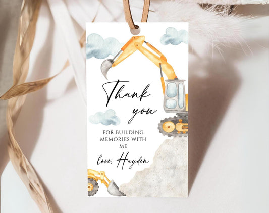excavator and boho birthday boy favor tag template for printable party favors
