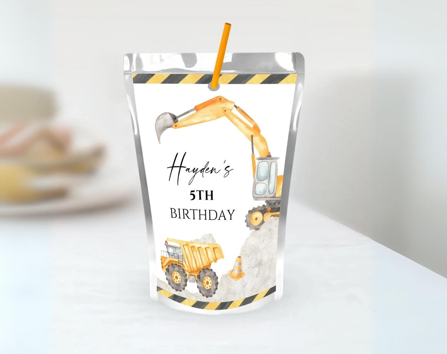 Construction birthday juice pouch Capri Sun label with excavator