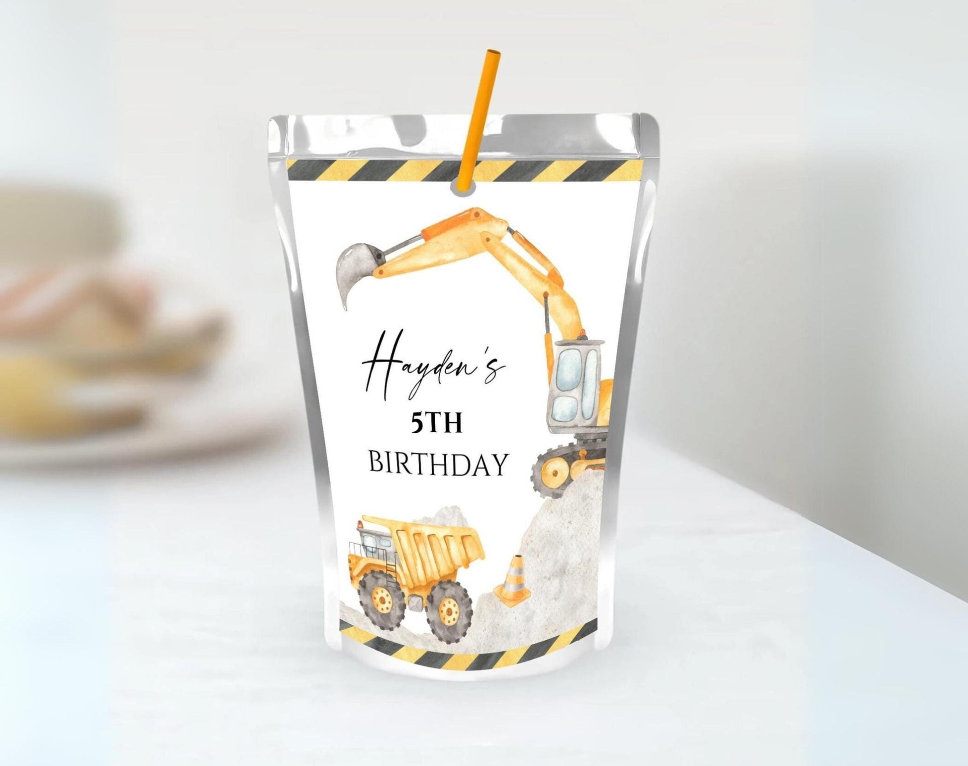 Construction birthday juice pouch Capri Sun label with excavator