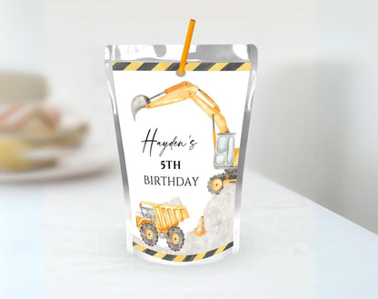 Construction birthday juice pouch Capri Sun label with excavator