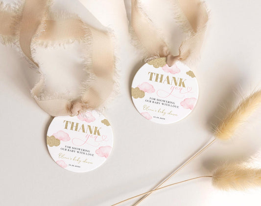 Editable details of heaven sent cloud 9 baby shower favor tag template