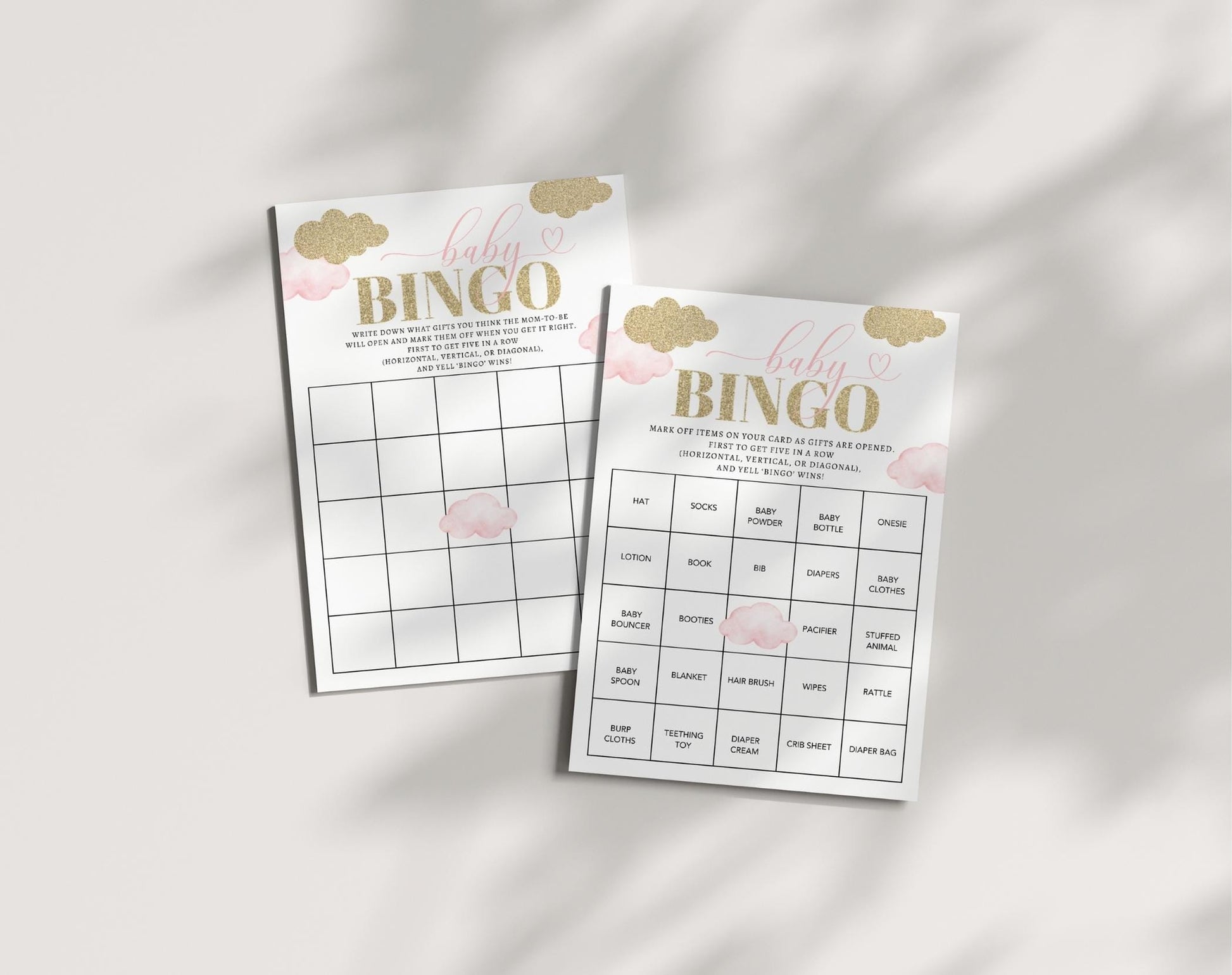 pink, floral, boho and vintage baby bingo game template for a personalized baby shower
