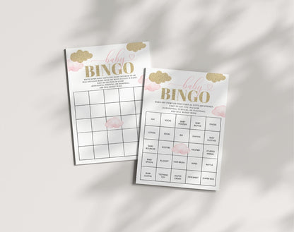 pink, floral, boho and vintage baby bingo game template for a personalized baby shower