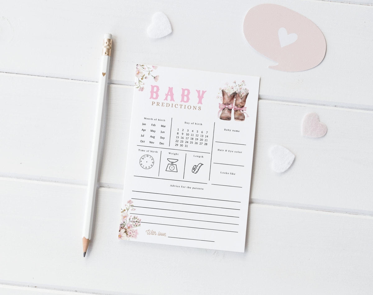Cowgirl baby shower Baby Predictions Game card