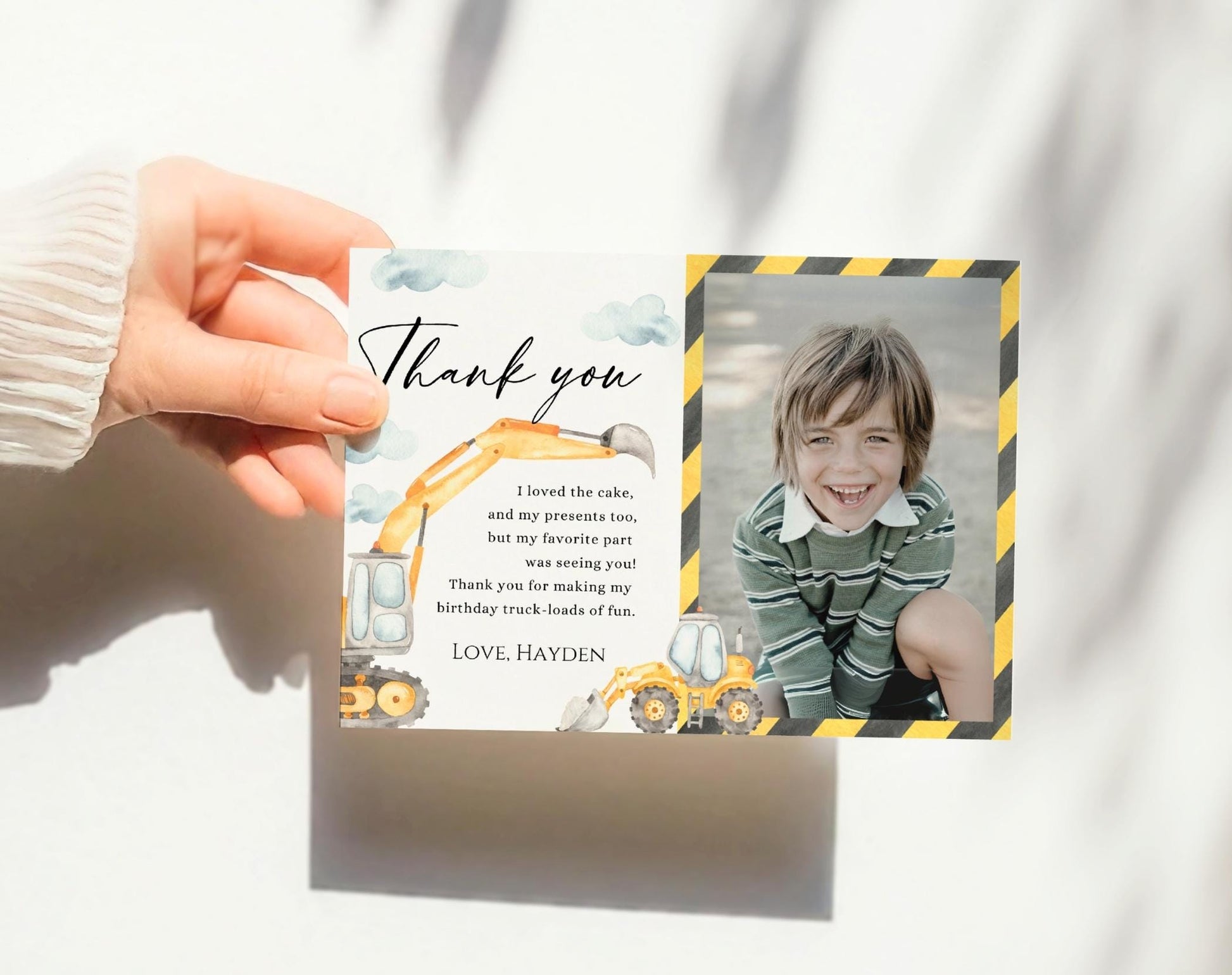 excavator and boho birthday boy thank you card template for personalized stationery