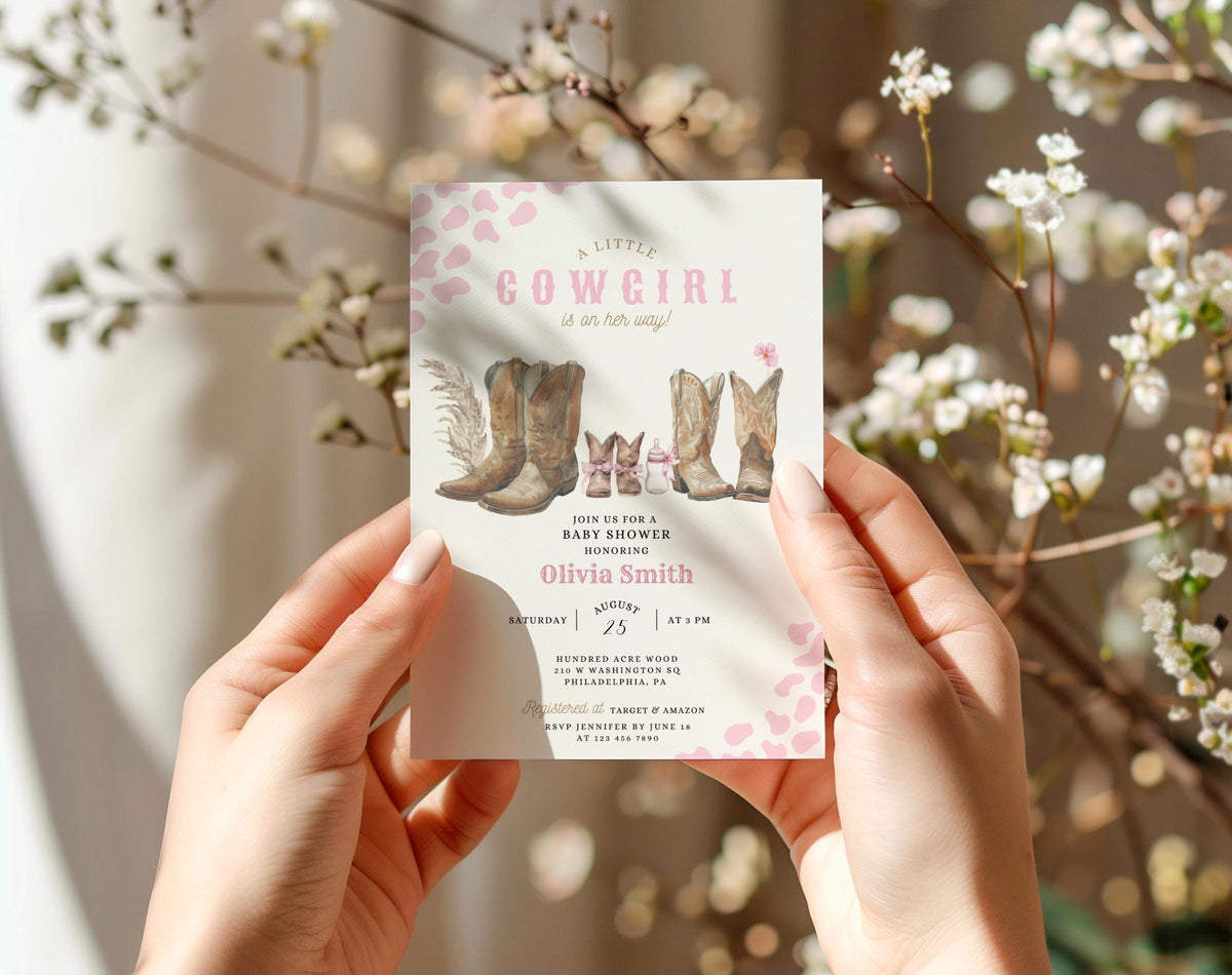 cowboy, rodeo and pink baby shower invite for a personalized celebration