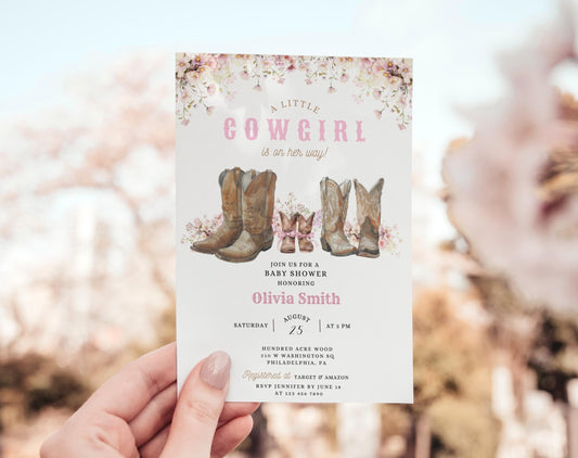 cowboy, rodeo and pink baby shower invite for a personalized celebration