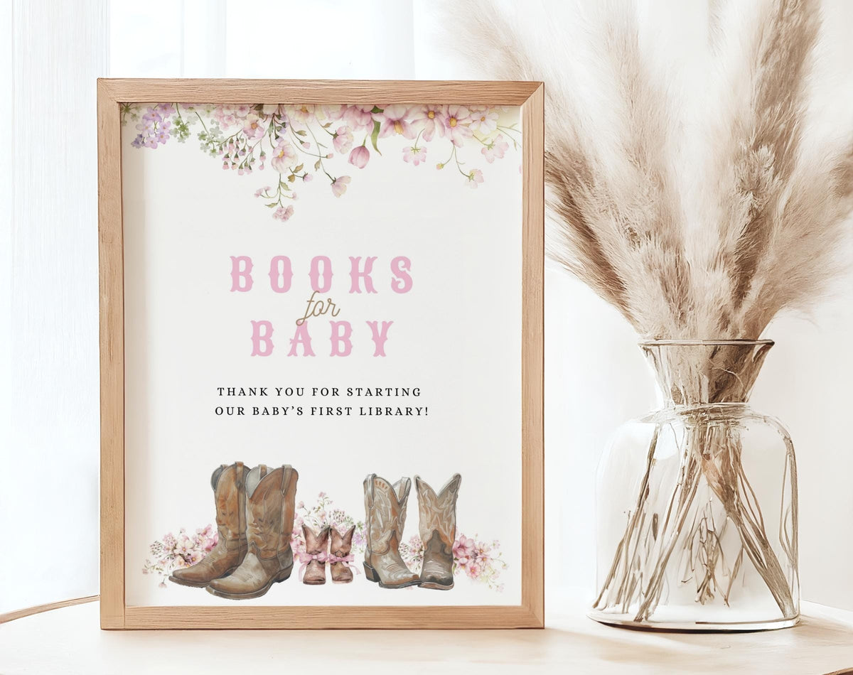 Editable details of cowgirl baby shower books for baby sign and card set