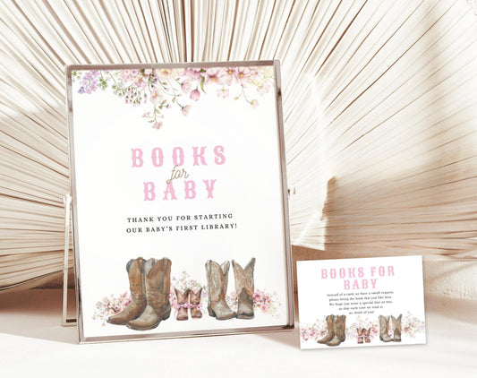 Cowgirl baby shower Books for Baby sign and card set